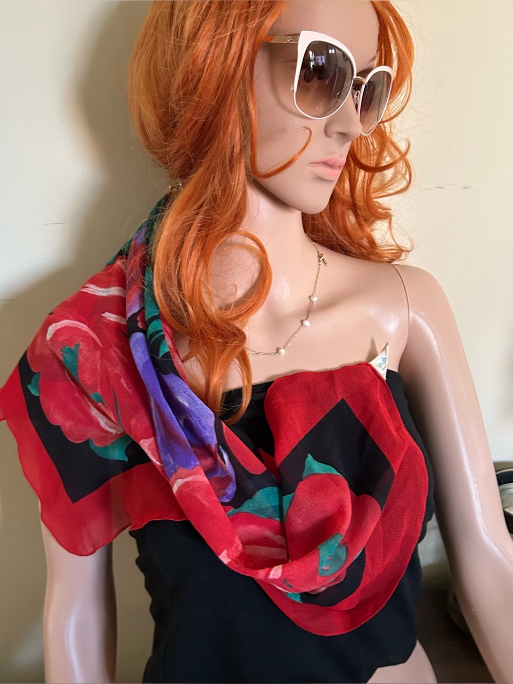 Women's Red Floral Scarf with Bold Accent Colors - Fashion Accessory
